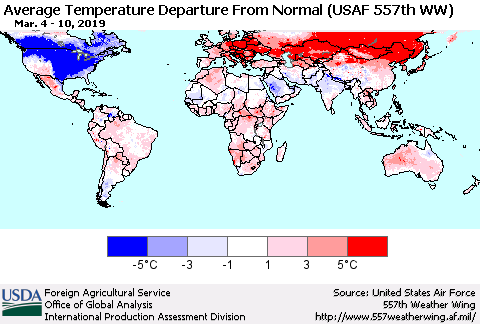 World Average Temperature Departure from Normal (USAF 557th WW) Thematic Map For 3/4/2019 - 3/10/2019