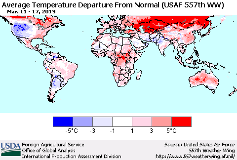 World Average Temperature Departure from Normal (USAF 557th WW) Thematic Map For 3/11/2019 - 3/17/2019