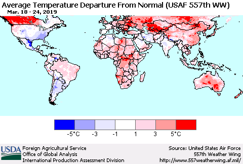 World Average Temperature Departure from Normal (USAF 557th WW) Thematic Map For 3/18/2019 - 3/24/2019