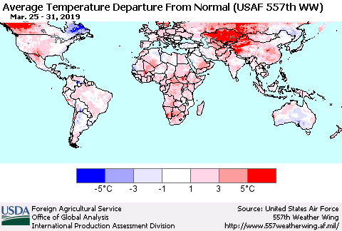 World Average Temperature Departure from Normal (USAF 557th WW) Thematic Map For 3/25/2019 - 3/31/2019