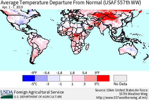 World Average Temperature Departure from Normal (USAF 557th WW) Thematic Map For 4/1/2019 - 4/7/2019