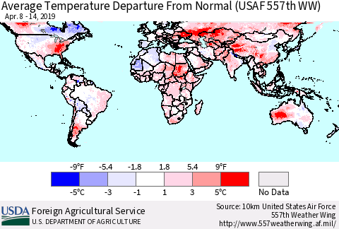 World Average Temperature Departure from Normal (USAF 557th WW) Thematic Map For 4/8/2019 - 4/14/2019