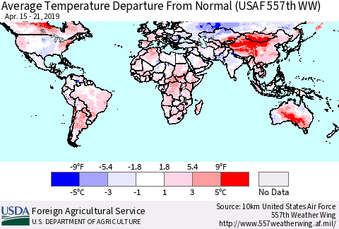 World Average Temperature Departure from Normal (USAF 557th WW) Thematic Map For 4/15/2019 - 4/21/2019