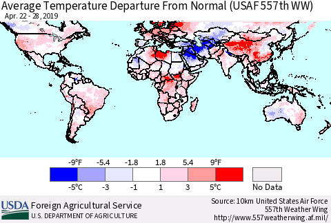 World Average Temperature Departure from Normal (USAF 557th WW) Thematic Map For 4/22/2019 - 4/28/2019