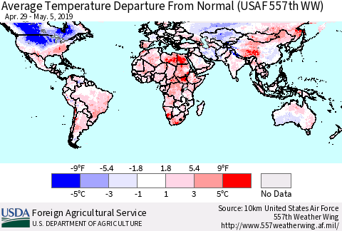 World Average Temperature Departure from Normal (USAF 557th WW) Thematic Map For 4/29/2019 - 5/5/2019
