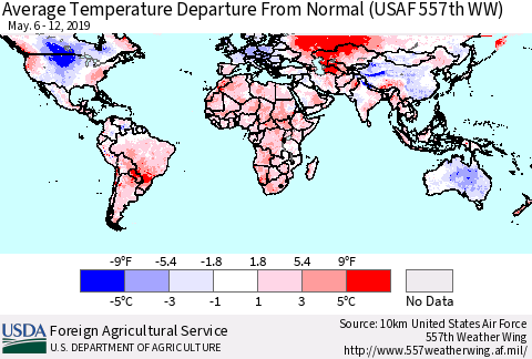 World Average Temperature Departure from Normal (USAF 557th WW) Thematic Map For 5/6/2019 - 5/12/2019
