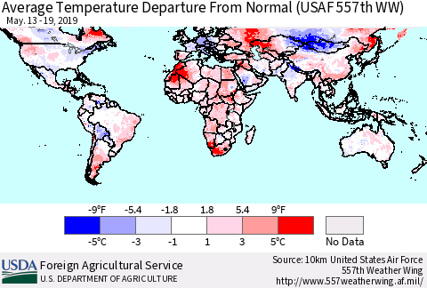 World Average Temperature Departure from Normal (USAF 557th WW) Thematic Map For 5/13/2019 - 5/19/2019