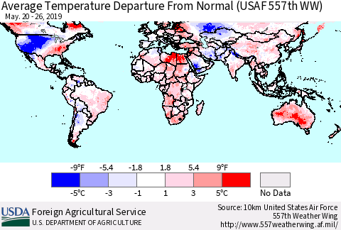 World Average Temperature Departure from Normal (USAF 557th WW) Thematic Map For 5/20/2019 - 5/26/2019