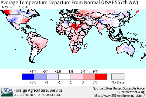 World Average Temperature Departure from Normal (USAF 557th WW) Thematic Map For 5/27/2019 - 6/2/2019