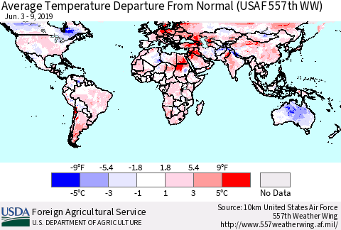 World Average Temperature Departure from Normal (USAF 557th WW) Thematic Map For 6/3/2019 - 6/9/2019
