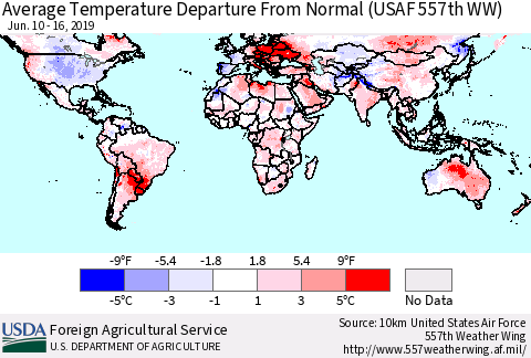 World Average Temperature Departure from Normal (USAF 557th WW) Thematic Map For 6/10/2019 - 6/16/2019