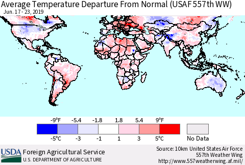 World Average Temperature Departure from Normal (USAF 557th WW) Thematic Map For 6/17/2019 - 6/23/2019