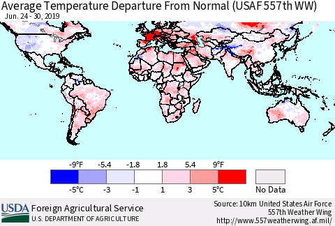 World Average Temperature Departure from Normal (USAF 557th WW) Thematic Map For 6/24/2019 - 6/30/2019