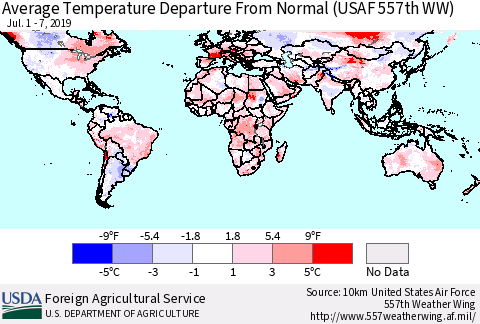 World Average Temperature Departure from Normal (USAF 557th WW) Thematic Map For 7/1/2019 - 7/7/2019