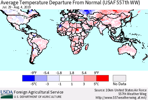 World Average Temperature Departure from Normal (USAF 557th WW) Thematic Map For 7/29/2019 - 8/4/2019