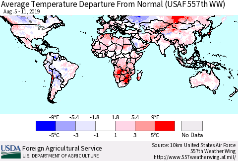 World Average Temperature Departure from Normal (USAF 557th WW) Thematic Map For 8/5/2019 - 8/11/2019