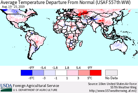 World Average Temperature Departure from Normal (USAF 557th WW) Thematic Map For 8/19/2019 - 8/25/2019