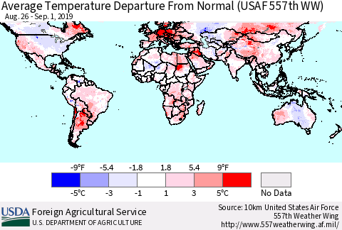 World Average Temperature Departure from Normal (USAF 557th WW) Thematic Map For 8/26/2019 - 9/1/2019