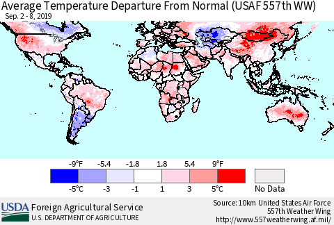 World Average Temperature Departure from Normal (USAF 557th WW) Thematic Map For 9/2/2019 - 9/8/2019