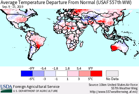 World Average Temperature Departure from Normal (USAF 557th WW) Thematic Map For 9/9/2019 - 9/15/2019