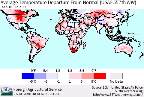 World Average Temperature Departure from Normal (USAF 557th WW) Thematic Map For 9/16/2019 - 9/22/2019