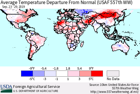 World Average Temperature Departure from Normal (USAF 557th WW) Thematic Map For 9/23/2019 - 9/29/2019