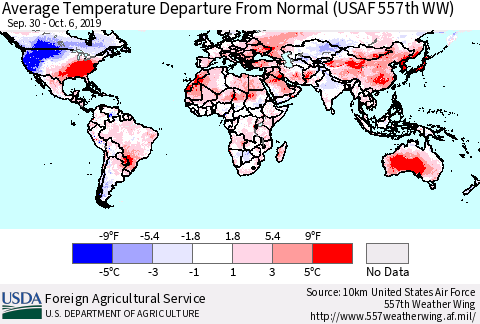 World Average Temperature Departure from Normal (USAF 557th WW) Thematic Map For 9/30/2019 - 10/6/2019