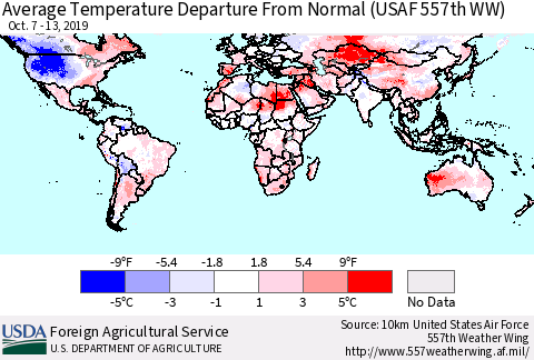World Average Temperature Departure from Normal (USAF 557th WW) Thematic Map For 10/7/2019 - 10/13/2019