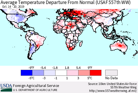 World Average Temperature Departure from Normal (USAF 557th WW) Thematic Map For 10/14/2019 - 10/20/2019