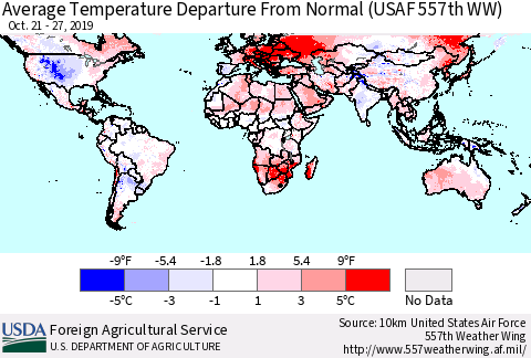 World Average Temperature Departure from Normal (USAF 557th WW) Thematic Map For 10/21/2019 - 10/27/2019