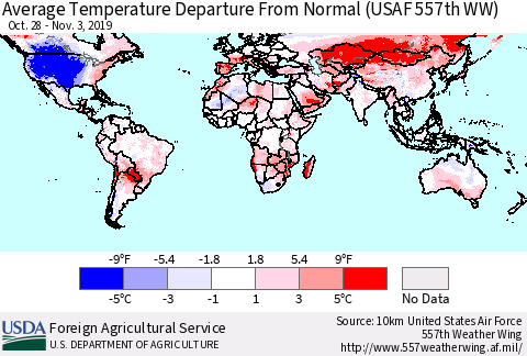 World Average Temperature Departure from Normal (USAF 557th WW) Thematic Map For 10/28/2019 - 11/3/2019