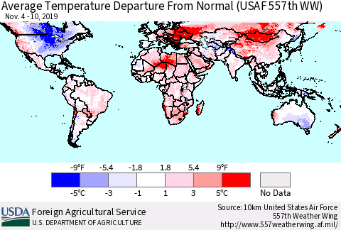 World Average Temperature Departure from Normal (USAF 557th WW) Thematic Map For 11/4/2019 - 11/10/2019