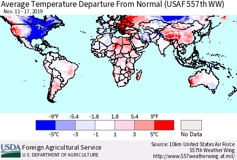 World Average Temperature Departure from Normal (USAF 557th WW) Thematic Map For 11/11/2019 - 11/17/2019