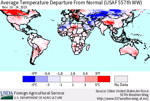 World Average Temperature Departure from Normal (USAF 557th WW) Thematic Map For 11/18/2019 - 11/24/2019