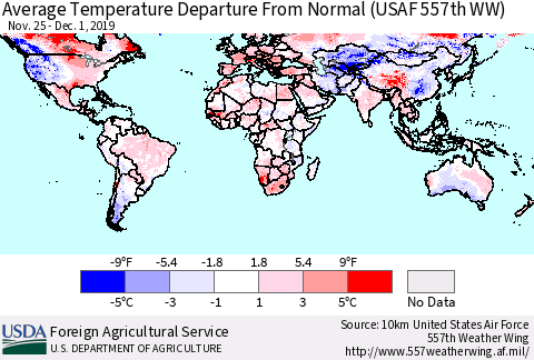 World Average Temperature Departure from Normal (USAF 557th WW) Thematic Map For 11/25/2019 - 12/1/2019
