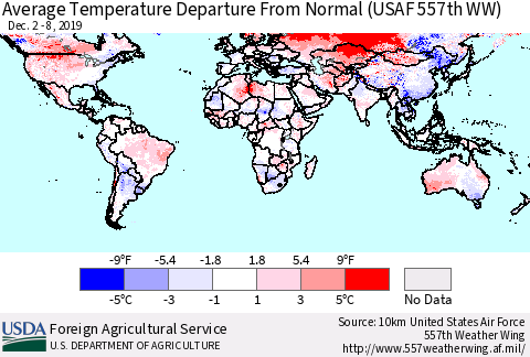 World Average Temperature Departure from Normal (USAF 557th WW) Thematic Map For 12/2/2019 - 12/8/2019
