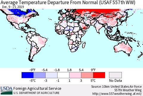 World Average Temperature Departure from Normal (USAF 557th WW) Thematic Map For 12/9/2019 - 12/15/2019