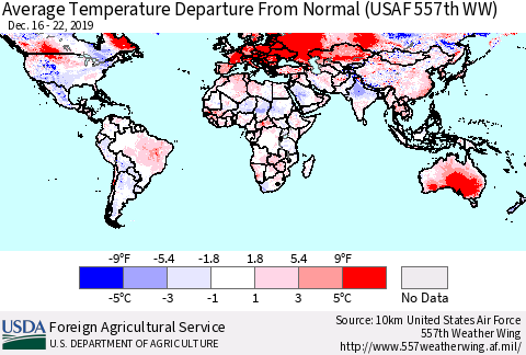 World Average Temperature Departure from Normal (USAF 557th WW) Thematic Map For 12/16/2019 - 12/22/2019