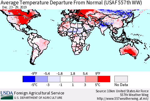 World Average Temperature Departure from Normal (USAF 557th WW) Thematic Map For 12/23/2019 - 12/29/2019