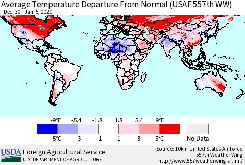 World Average Temperature Departure from Normal (USAF 557th WW) Thematic Map For 12/30/2019 - 1/5/2020