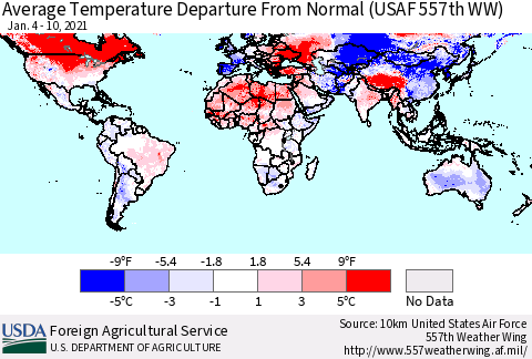World Average Temperature Departure from Normal (USAF 557th WW) Thematic Map For 1/4/2021 - 1/10/2021