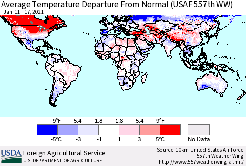 World Average Temperature Departure from Normal (USAF 557th WW) Thematic Map For 1/11/2021 - 1/17/2021