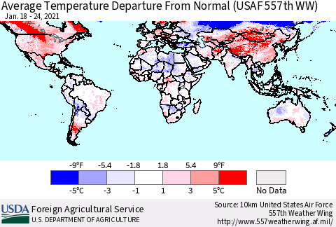 World Average Temperature Departure from Normal (USAF 557th WW) Thematic Map For 1/18/2021 - 1/24/2021