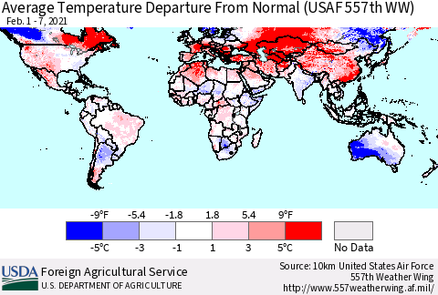 World Average Temperature Departure from Normal (USAF 557th WW) Thematic Map For 2/1/2021 - 2/7/2021