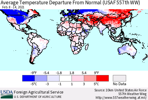 World Average Temperature Departure from Normal (USAF 557th WW) Thematic Map For 2/8/2021 - 2/14/2021