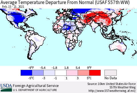 World Average Temperature Departure from Normal (USAF 557th WW) Thematic Map For 2/15/2021 - 2/21/2021