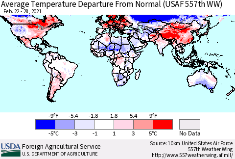World Average Temperature Departure from Normal (USAF 557th WW) Thematic Map For 2/22/2021 - 2/28/2021