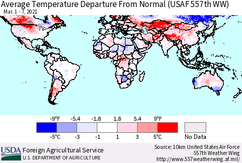 World Average Temperature Departure from Normal (USAF 557th WW) Thematic Map For 3/1/2021 - 3/7/2021