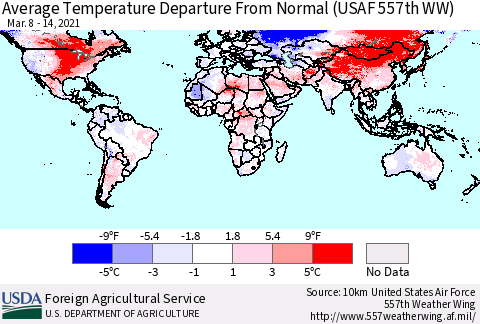 World Average Temperature Departure from Normal (USAF 557th WW) Thematic Map For 3/8/2021 - 3/14/2021