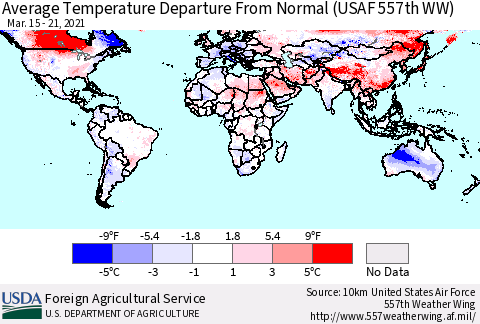 World Average Temperature Departure from Normal (USAF 557th WW) Thematic Map For 3/15/2021 - 3/21/2021